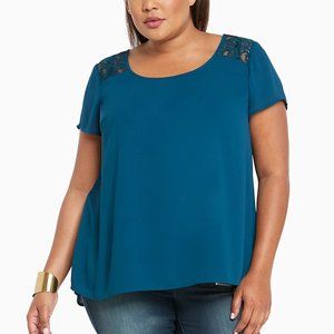 Torrid Lace Inset Split Back Top Teal Georgette
